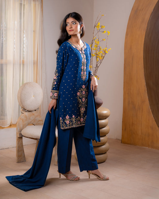 Side pose of Manal navy blue embroidered suit