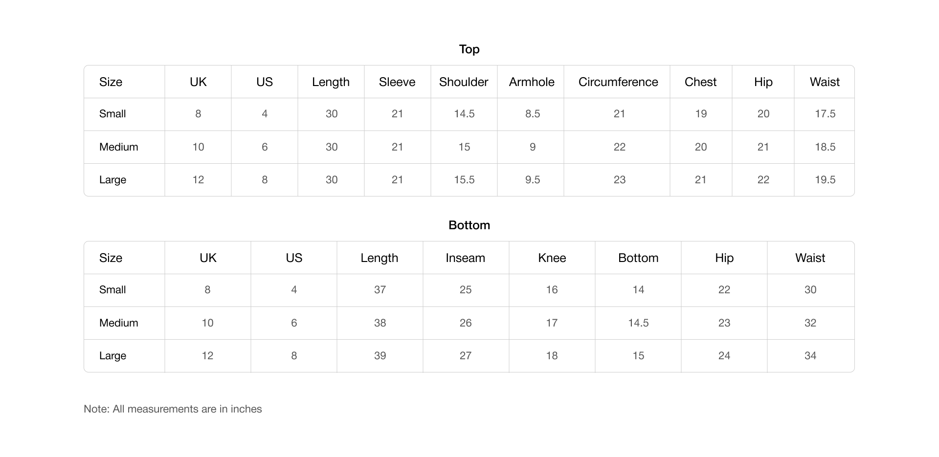 Size chart for Falak