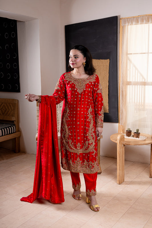 Red embroidered silk suit for women
