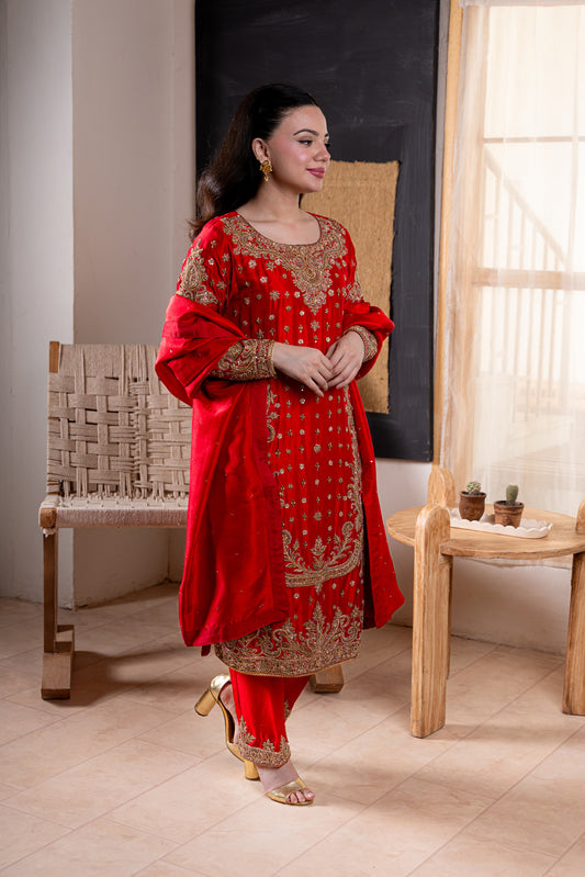 Red silk embroidered suit for women