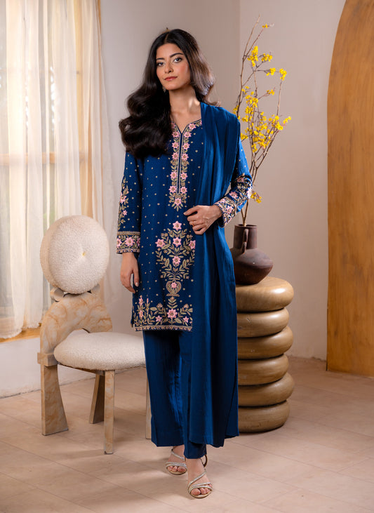 Front view of Manal navy suit with pink embroidery