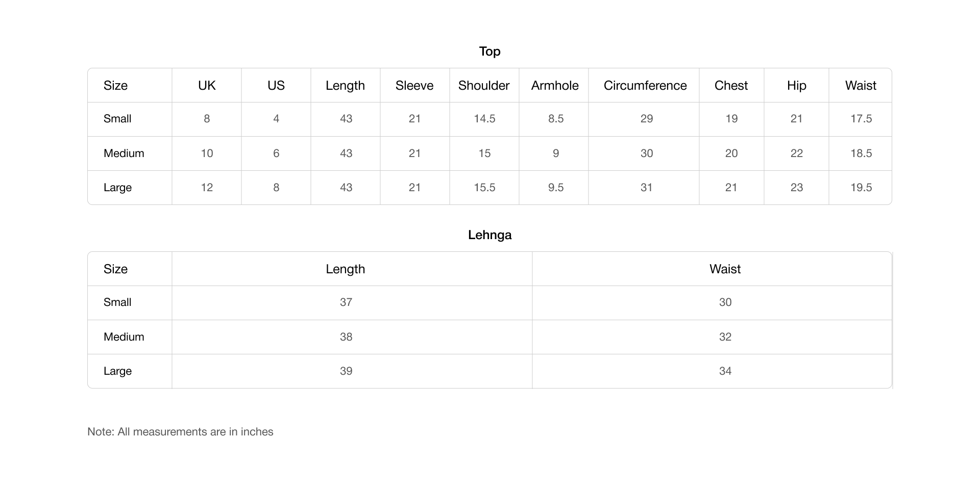 Size chart for Mehtab