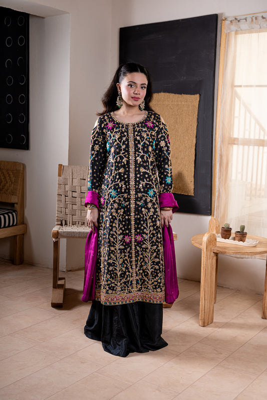 Black embroidered velvet suit for women