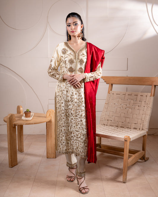White embroidered suit with red dupatta
