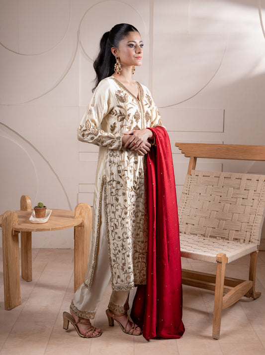 Side view white embroidered suit with red dupatta
