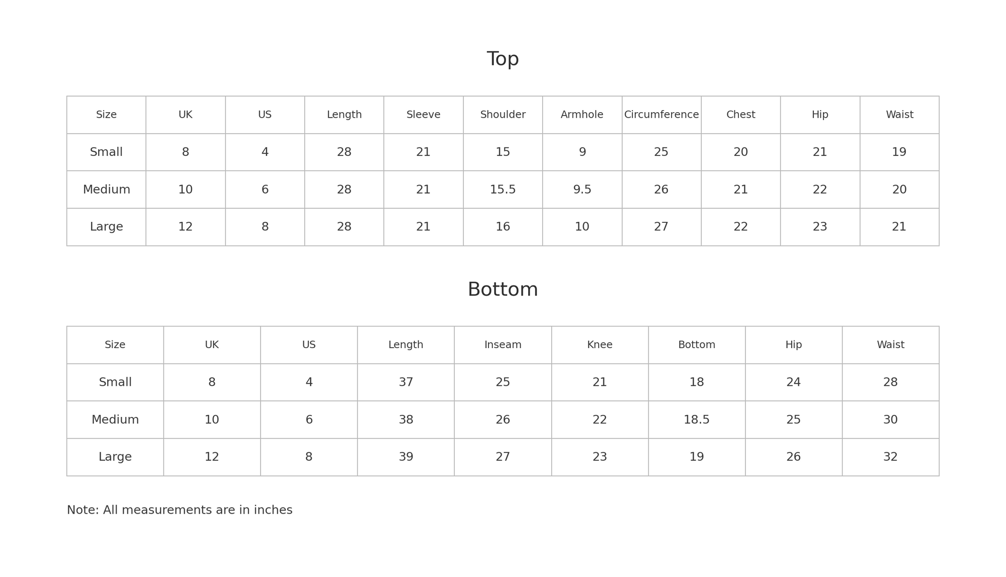 Size chart for Zeba