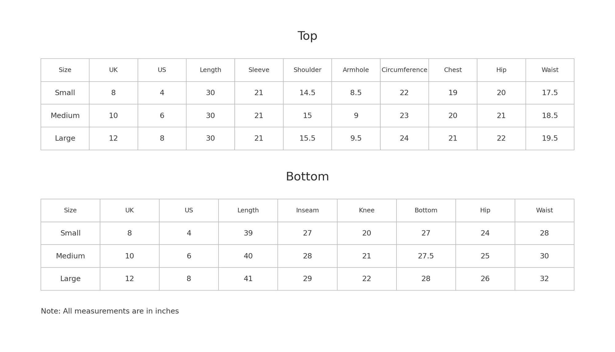 Size chart for Zeray