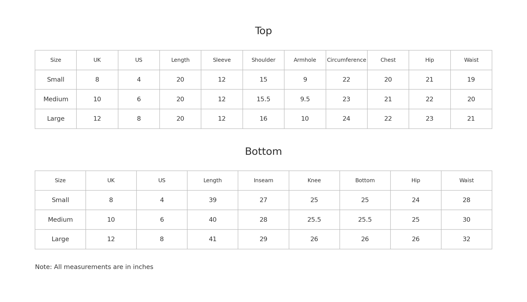 Size chart for Zimel