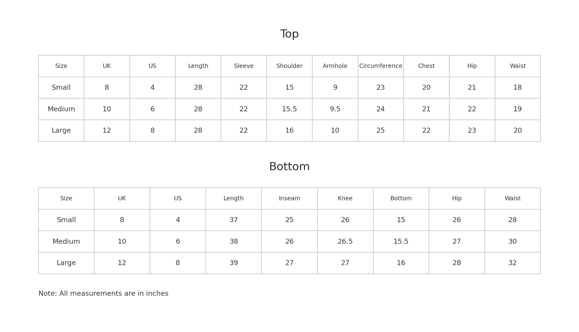 Size chart for Zoey