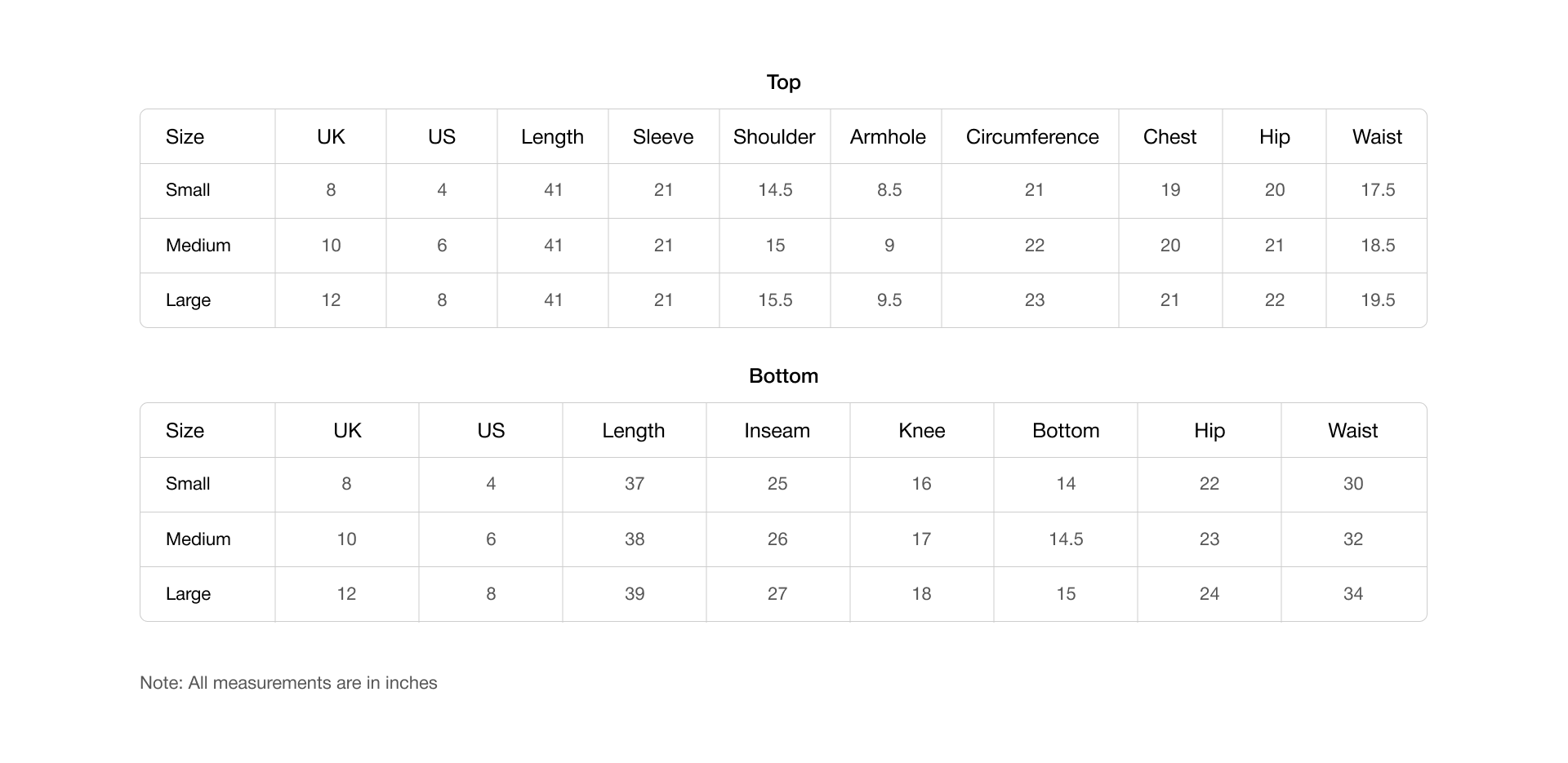 Size chart for Gulnaar