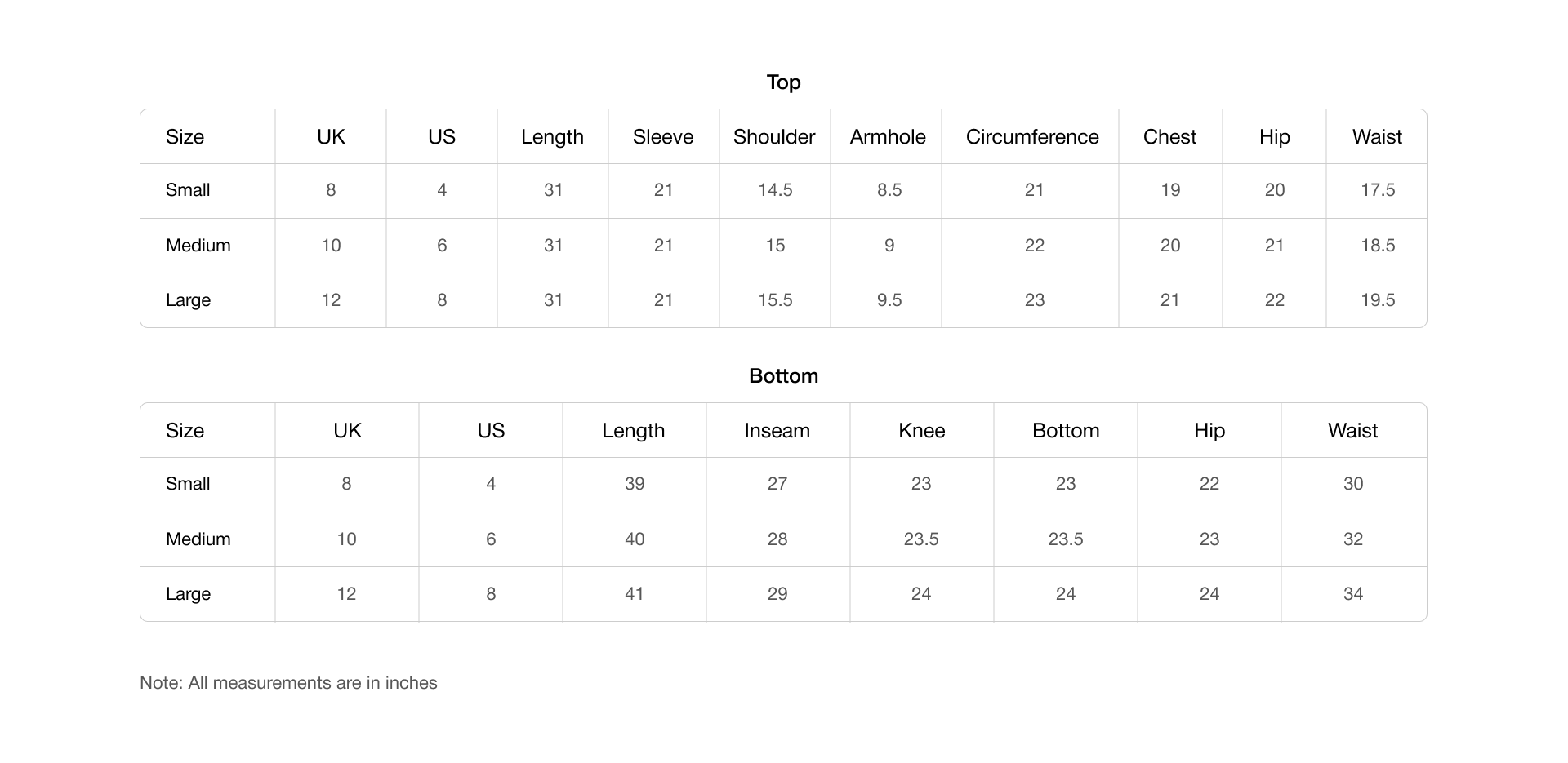 Size chart for Safina